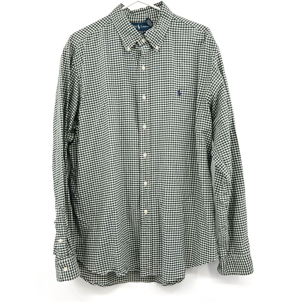 Ralph Lauren Green Gingham Check Button Down Shirt Mens XL Custom Fit Cotton